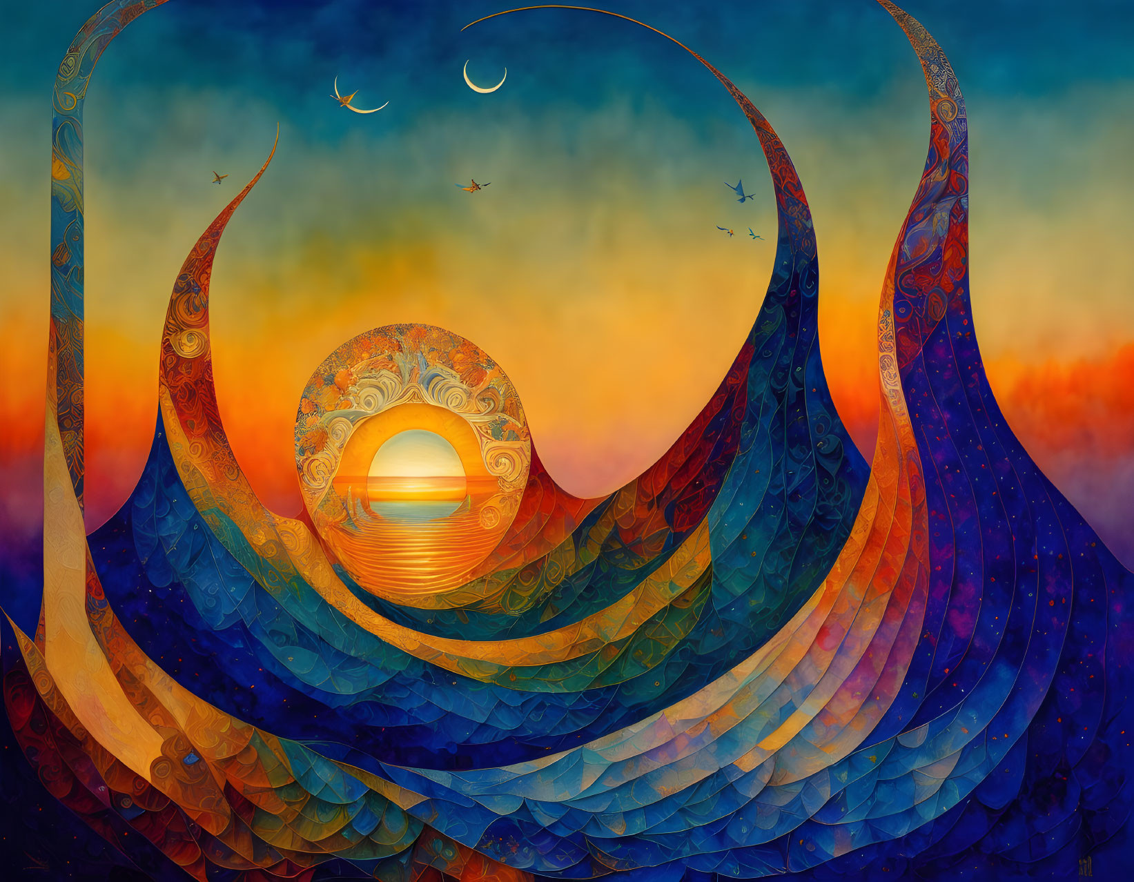 Colorful Abstract Art: Blue and Orange Wave Patterns with Birds and Sun