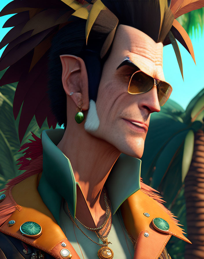 Male character with mohawk, sunglasses, earrings, tropical shirt, leather vest, and palm trees