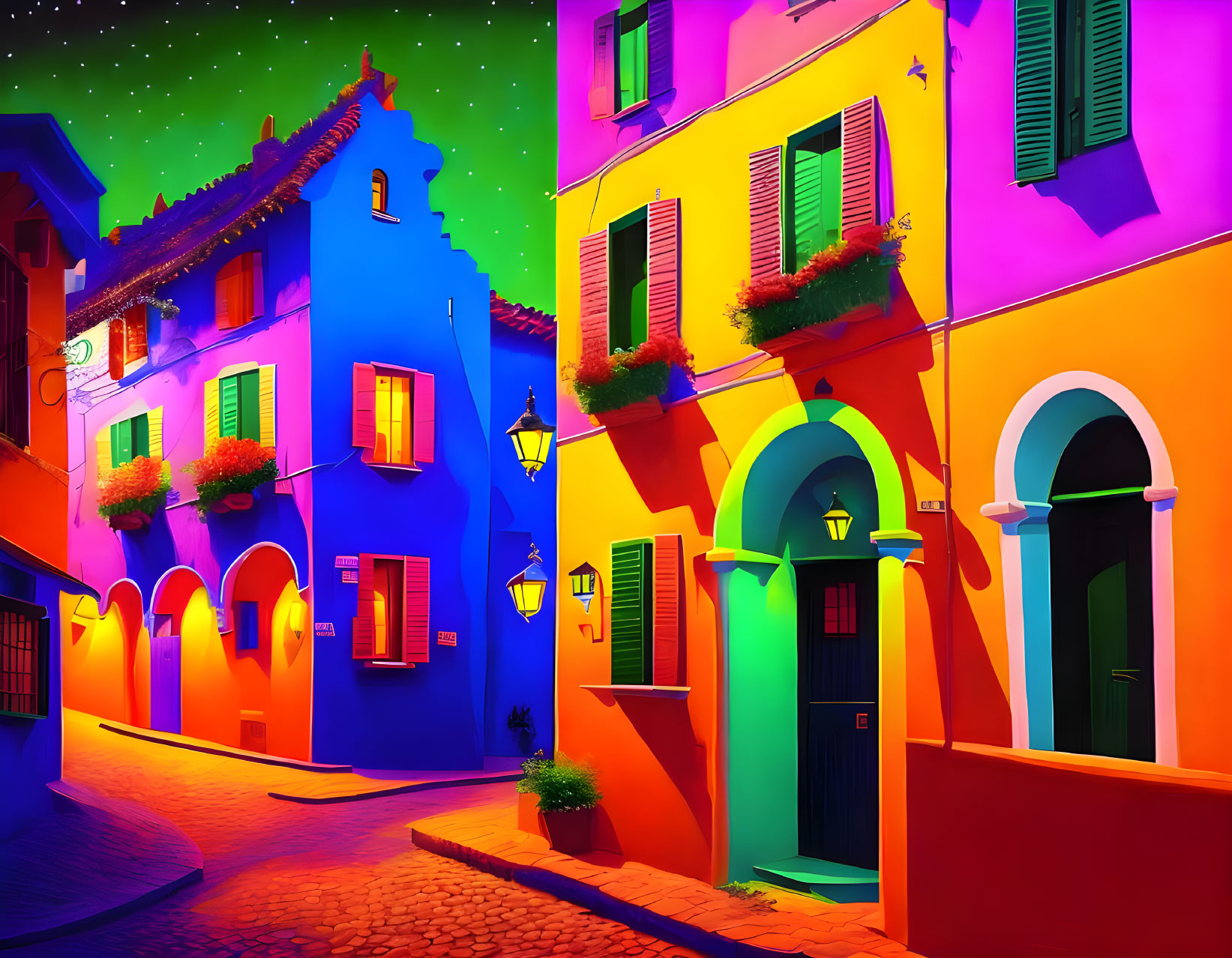 Vibrant multicolored street at night with illuminated lanterns