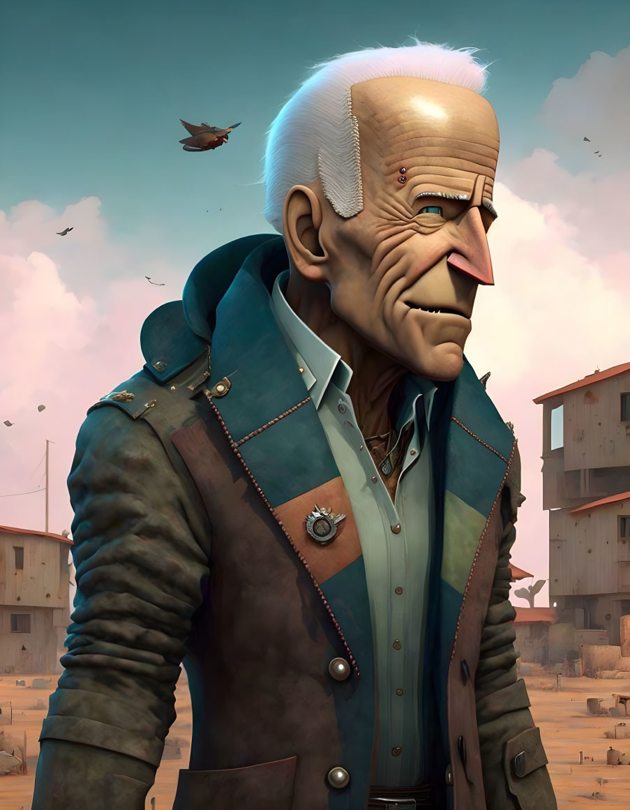 Elderly animated character in military jacket with prominent chin in urban setting