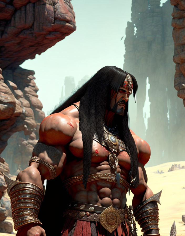 Muscular warrior with long black hair in headband and armor bracelets in rocky desert.