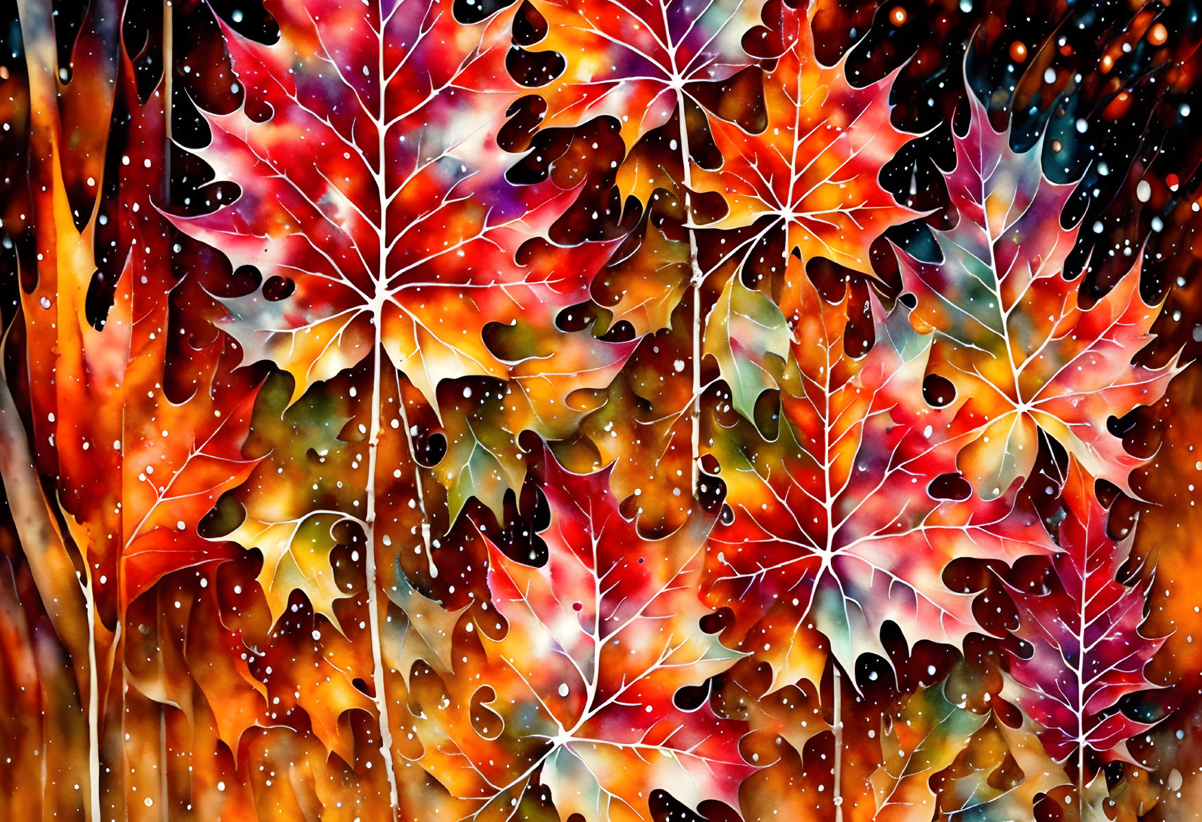 Colorful Autumn Leaves with Veins and Water Droplets on Surface