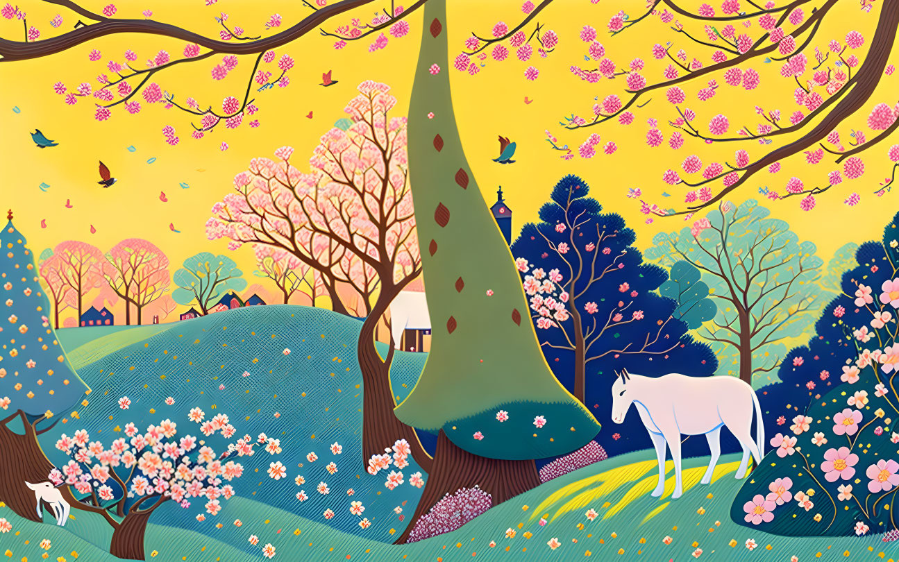 Colorful landscape with white horse, blooming trees, and birds under yellow sky