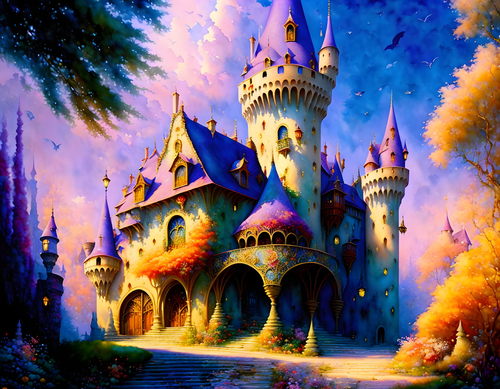 Castle in Colorful Forest with Birds and Magical Sky