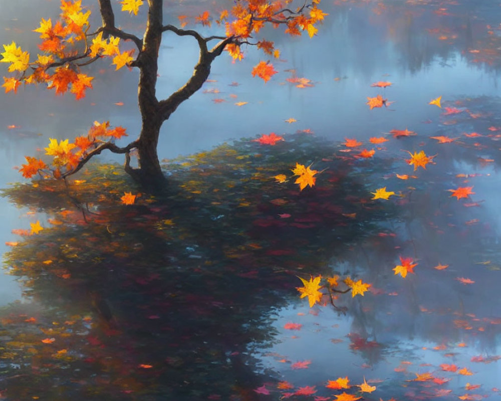 Tranquil lake scene with lone tree and misty autumn ambiance