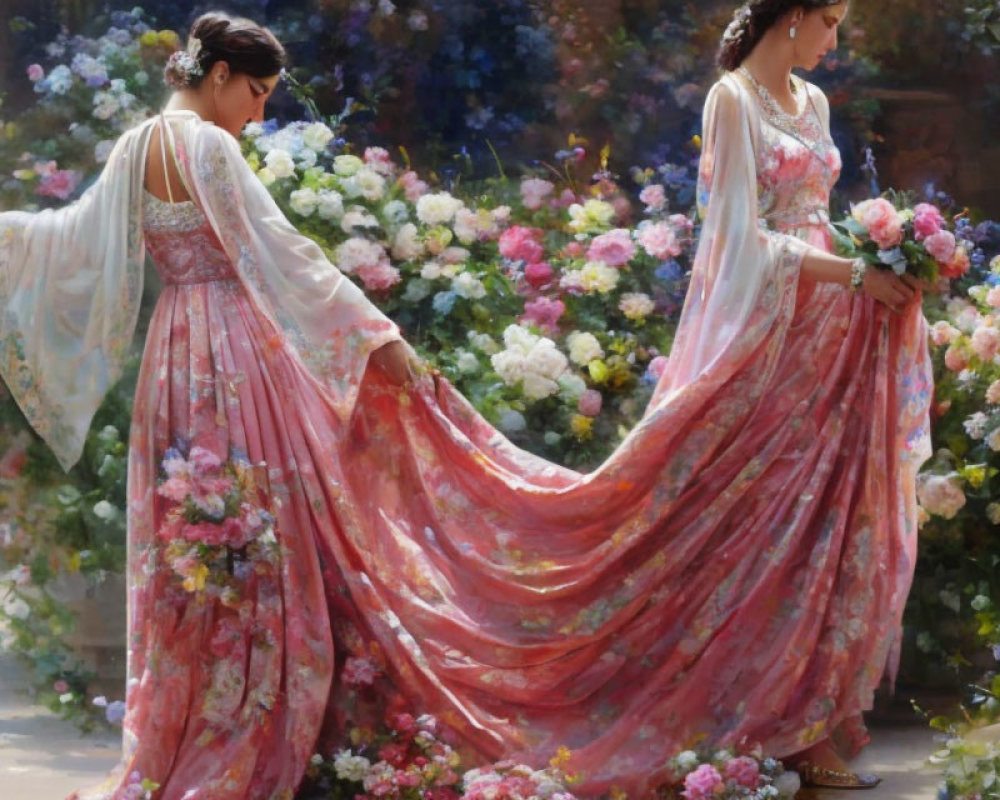 Two women in floral dresses surrounded by blooming flowers