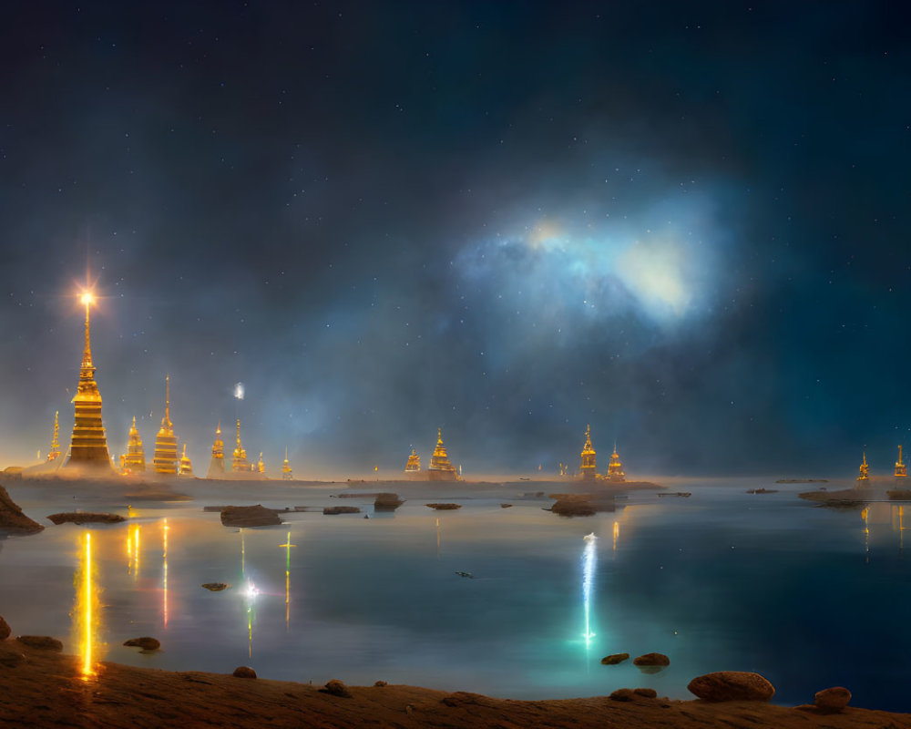 Night sky over serene lake with illuminated temples