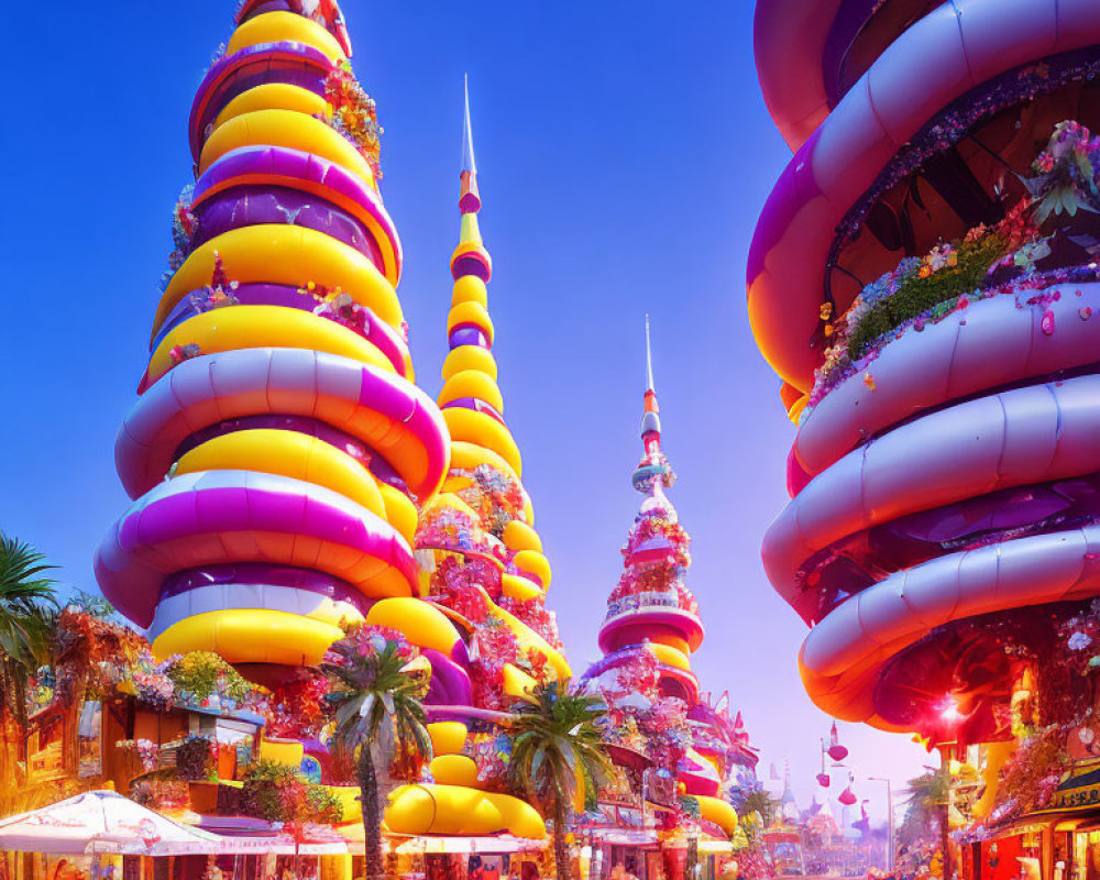 Vibrant futuristic cityscape with spiral towers and bright lights