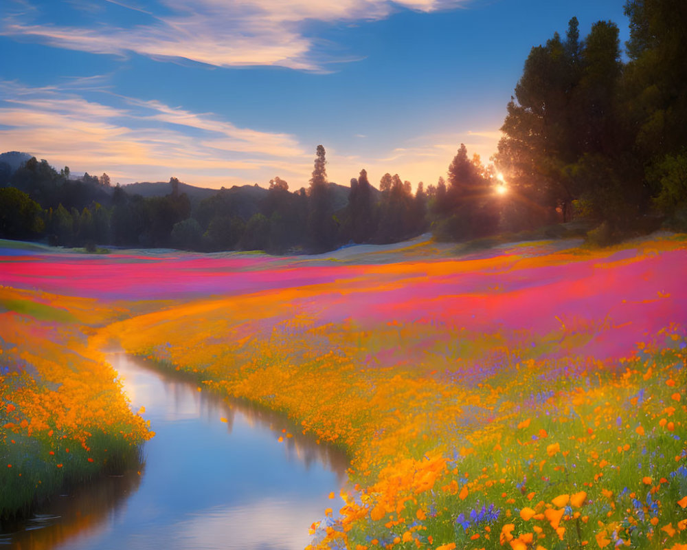 Tranquil Sunrise Landscape with River and Wildflowers