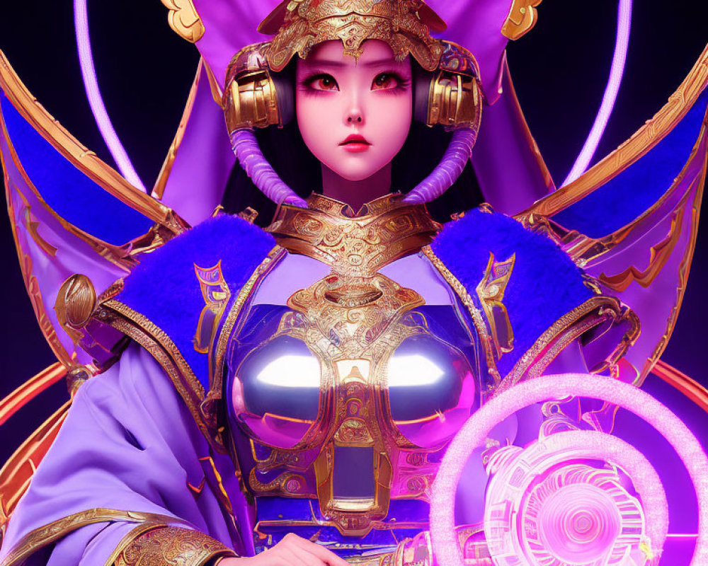 Character with Large Expressive Eyes in Golden Helmet & Blue Armor Holding Purple Symbol