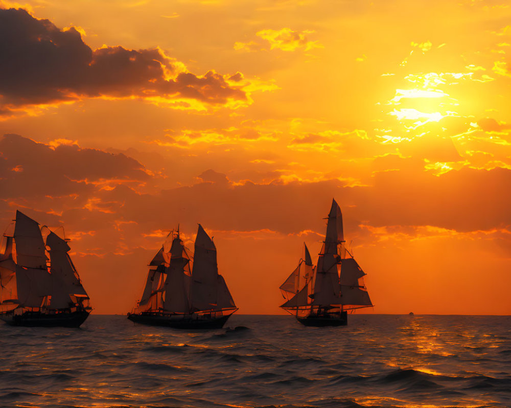 Ocean sunset with sailing ships and vibrant orange sky