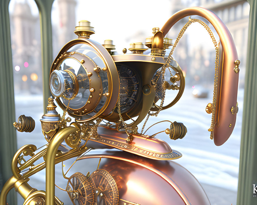 Steampunk-style machine with brass gears and pipes on cityscape background