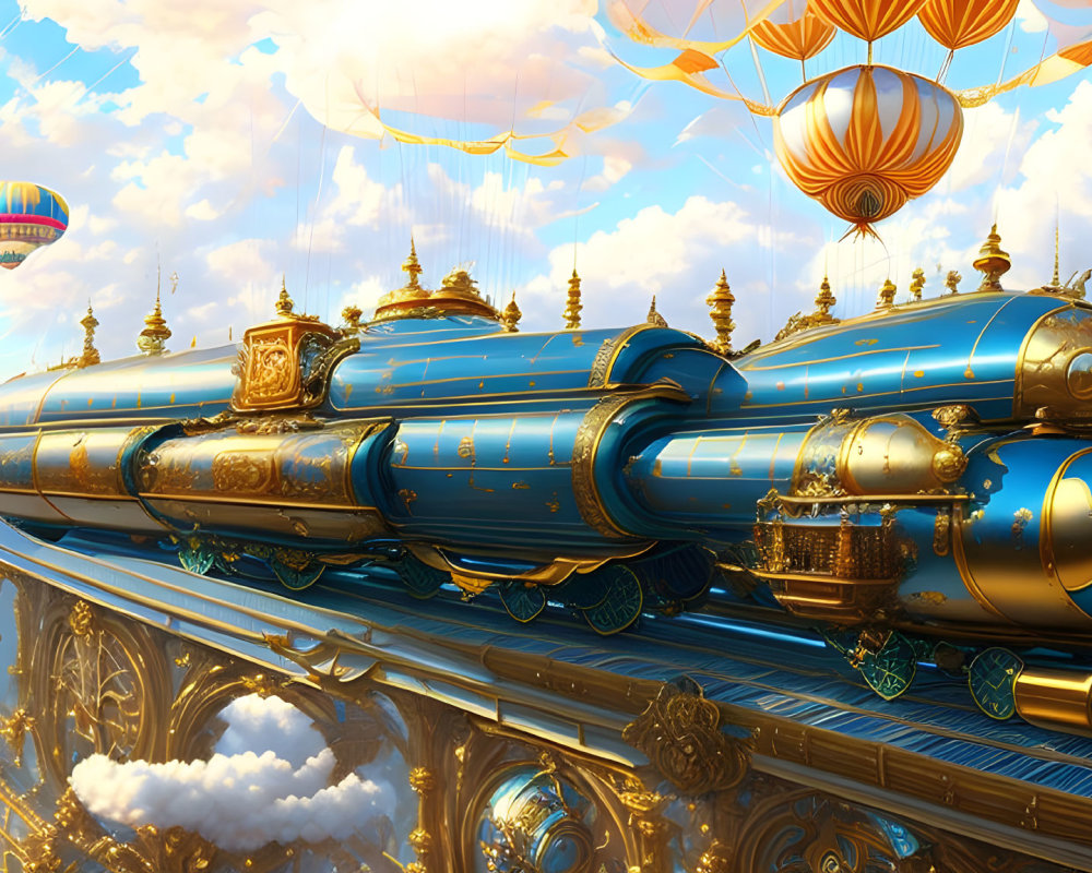 Ornate blue and gold train flying in sky with hot air balloons