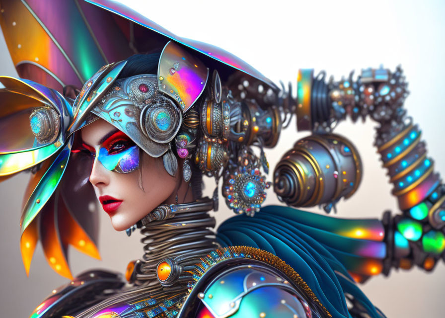 Vibrant futuristic portrait with robotic headgear and colorful makeup