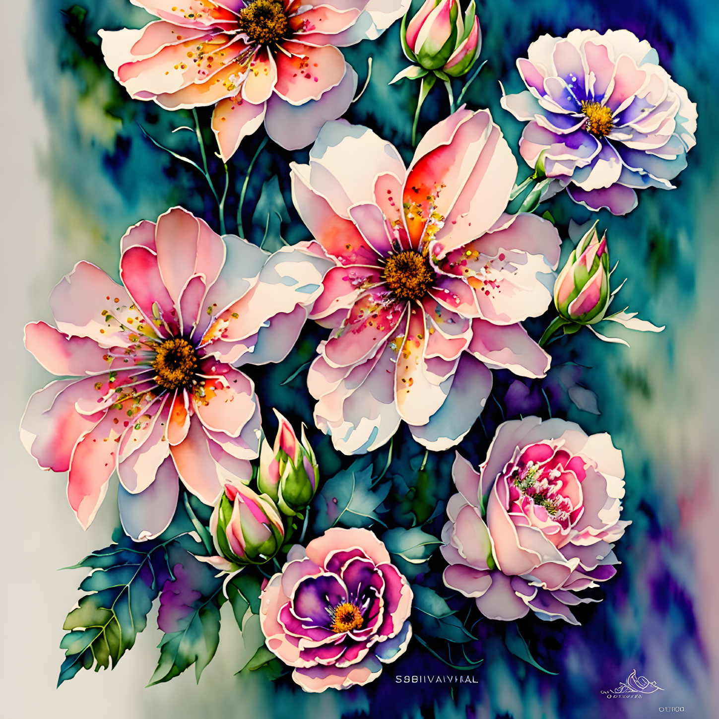 Colorful digital artwork featuring pink, purple, and white flowers with orange speckles.