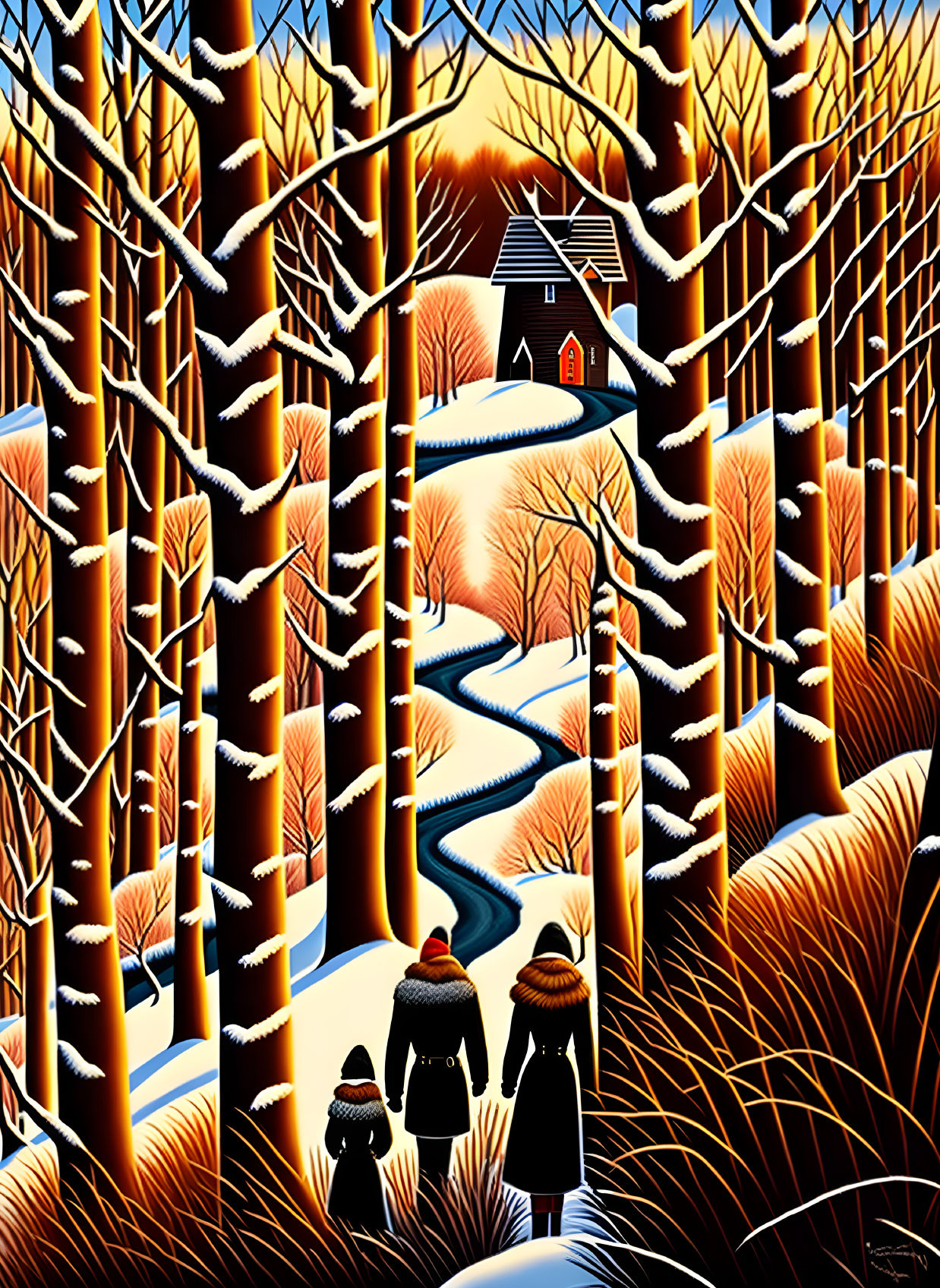 Stylized painting of three people on snowy path near cozy house