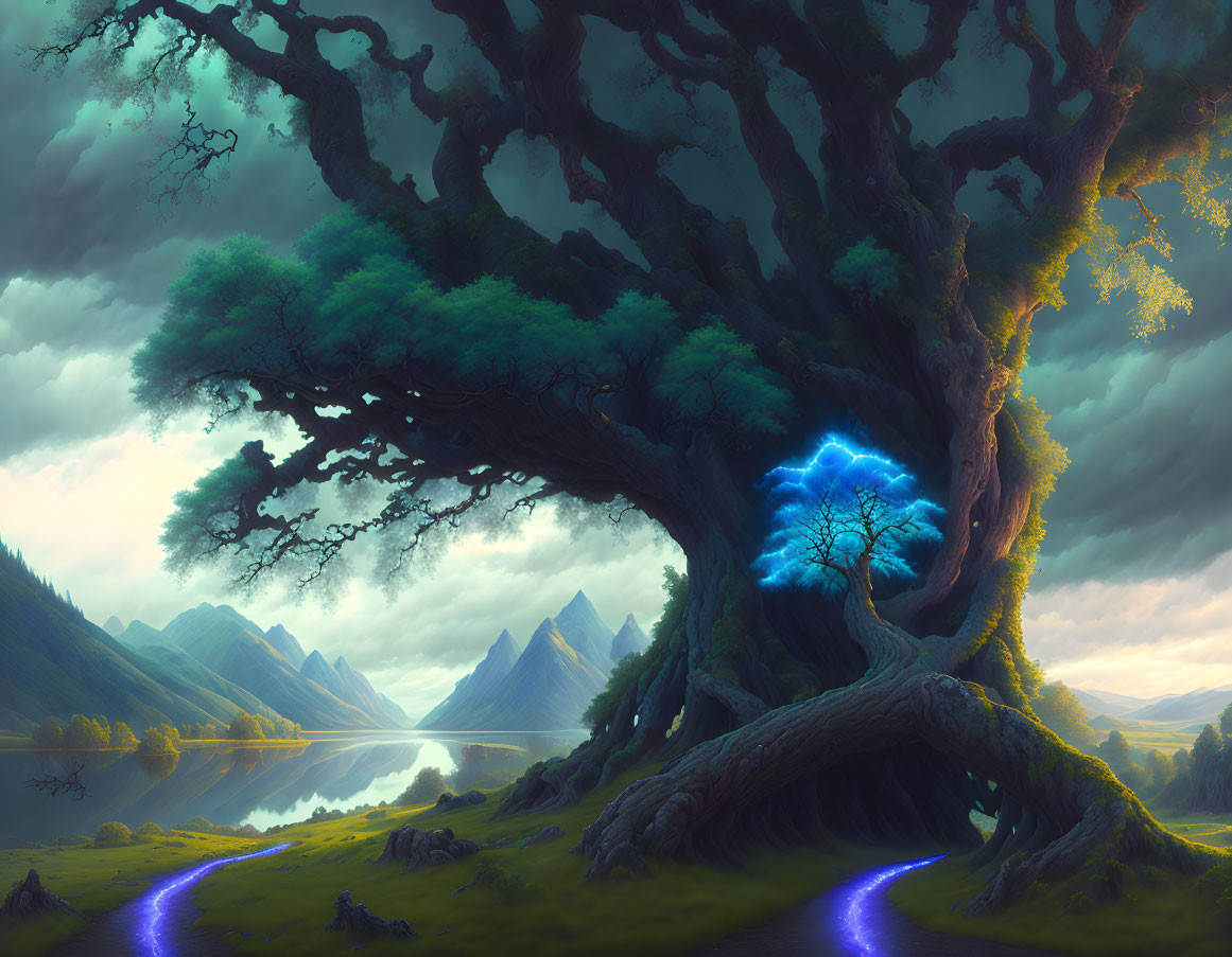 Mystical landscape with giant tree, glowing blue doorway, river valley, and mountains