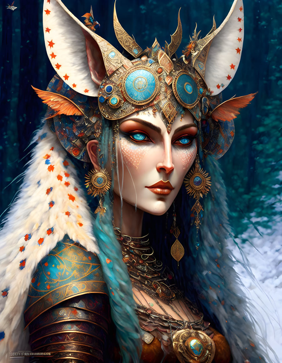 Fantasy portrait of woman with ornate horned headgear and golden jewelry