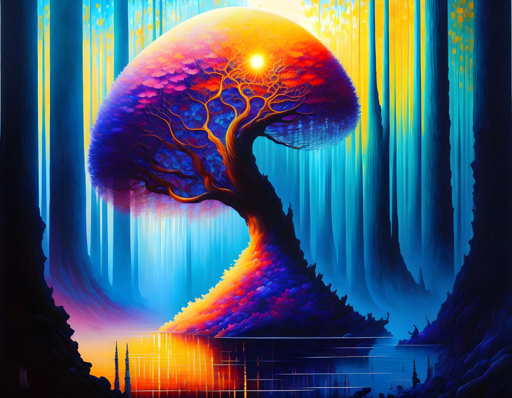 Surreal neon-lit landscape with colossal mushroom tree