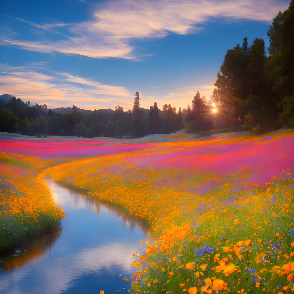 Tranquil Sunrise Landscape with River and Wildflowers