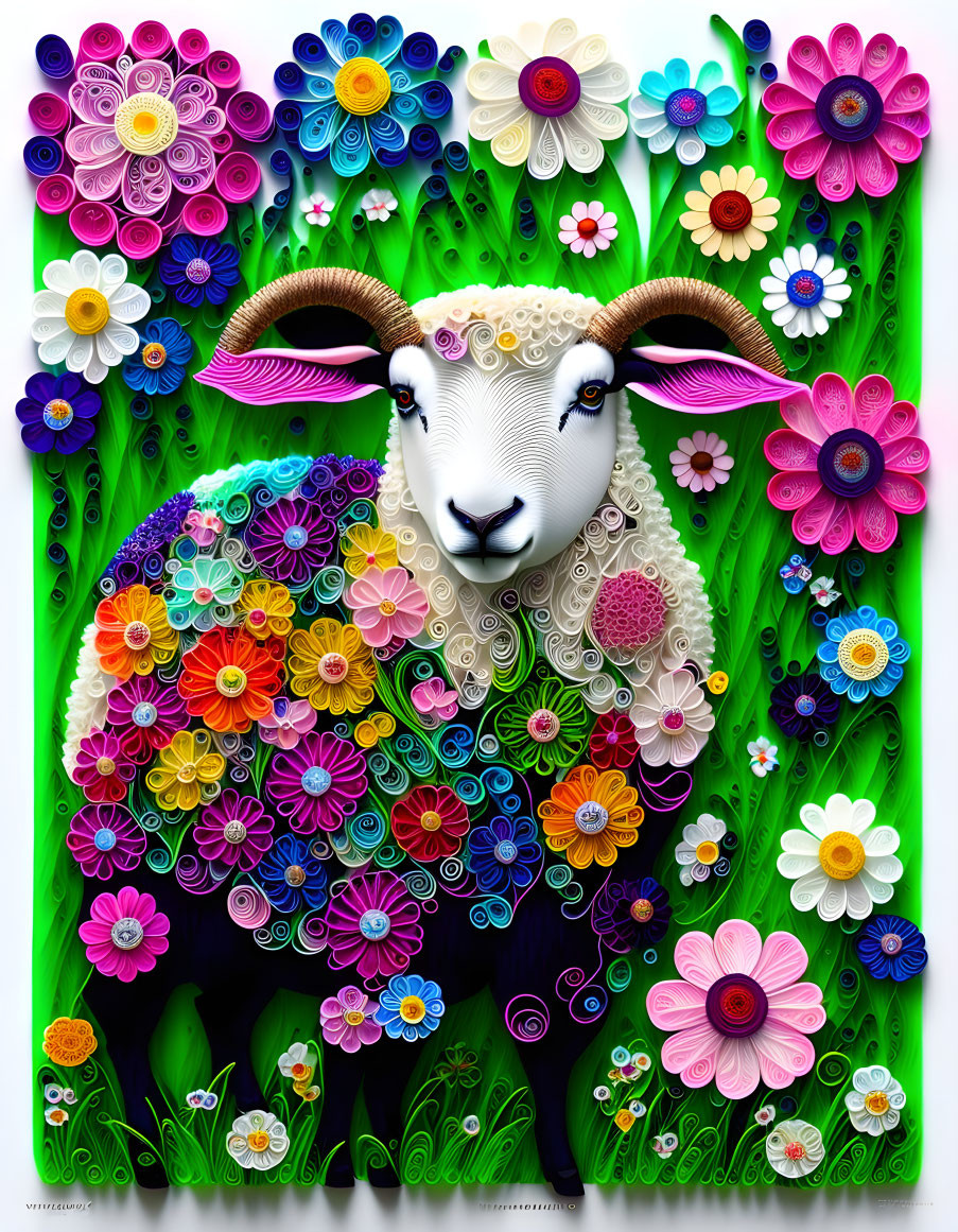 Vibrant artwork: sheep with paper flower coat in floral setting