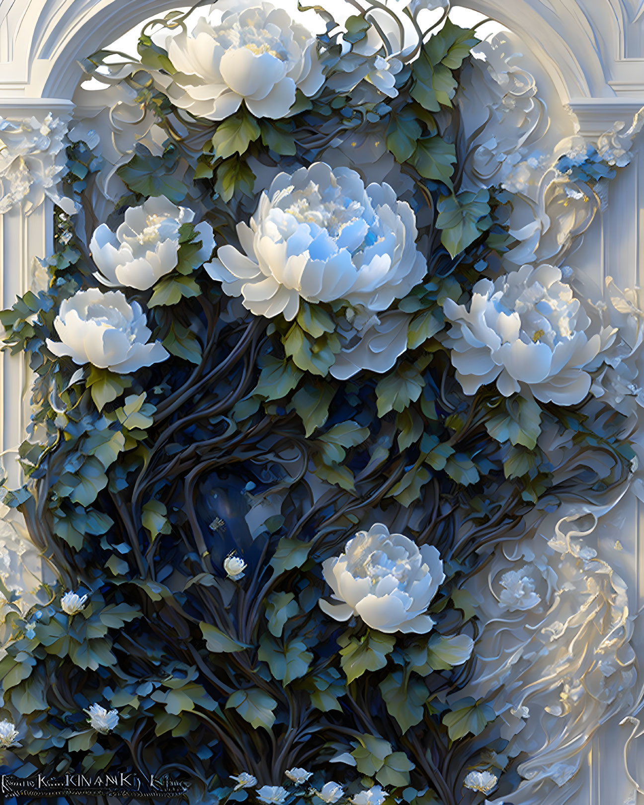 Digital artwork features white peonies, green leaves, and vines against classical archway.