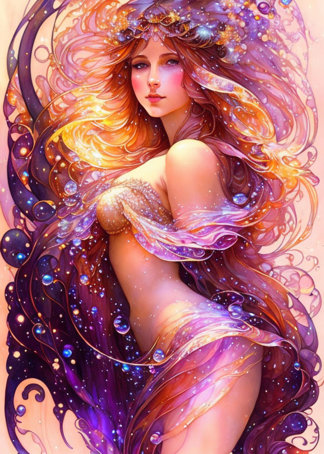 Colorful Illustration: Woman with Golden Hair and Cosmic Energy