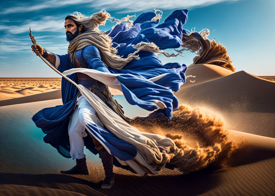 Majestic figure in blue robes with spear in desert landscape