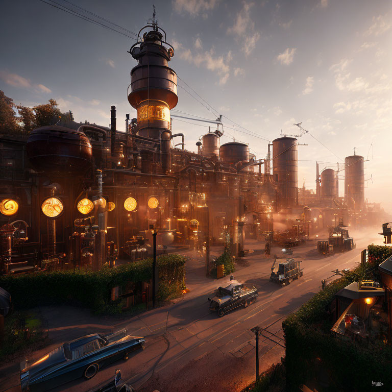 Steampunk-themed industrial cityscape with glowing lights and vintage vehicles.