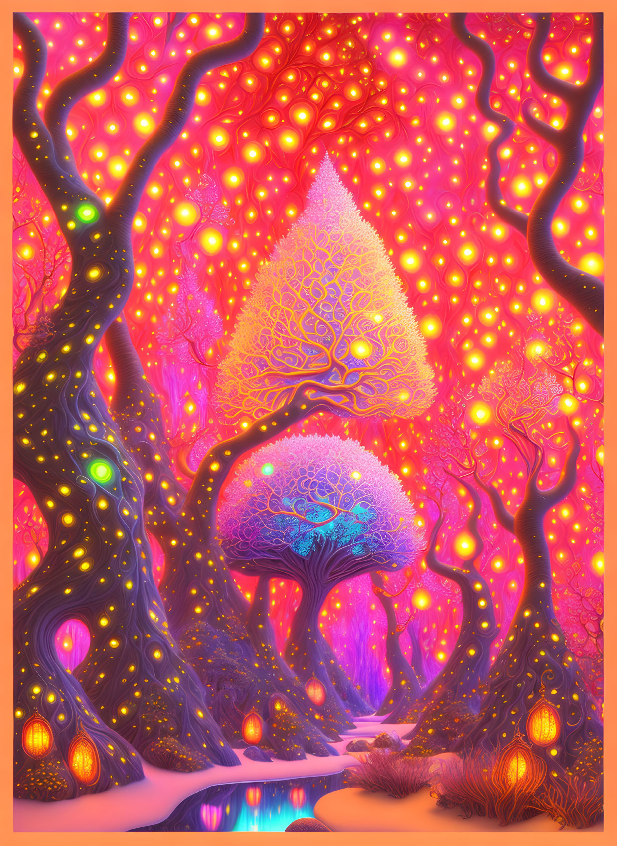 Fantasy illustration of vibrant glowing trees against magenta sky