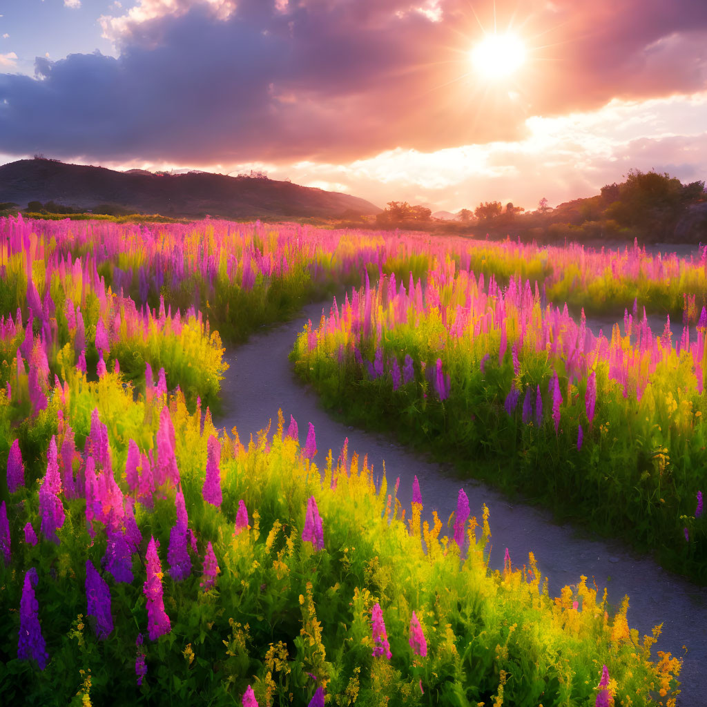 Scenic path through vibrant purple flower field at sunset