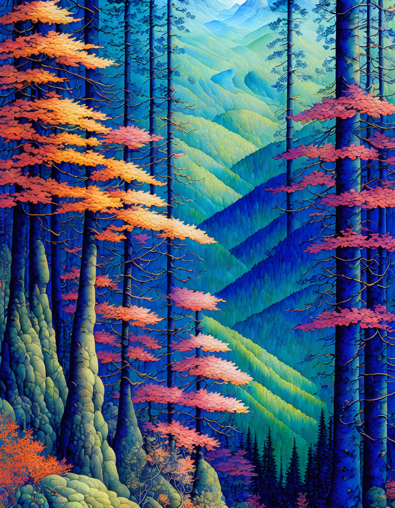 Colorful Forest Illustration with Blue and Green Tones