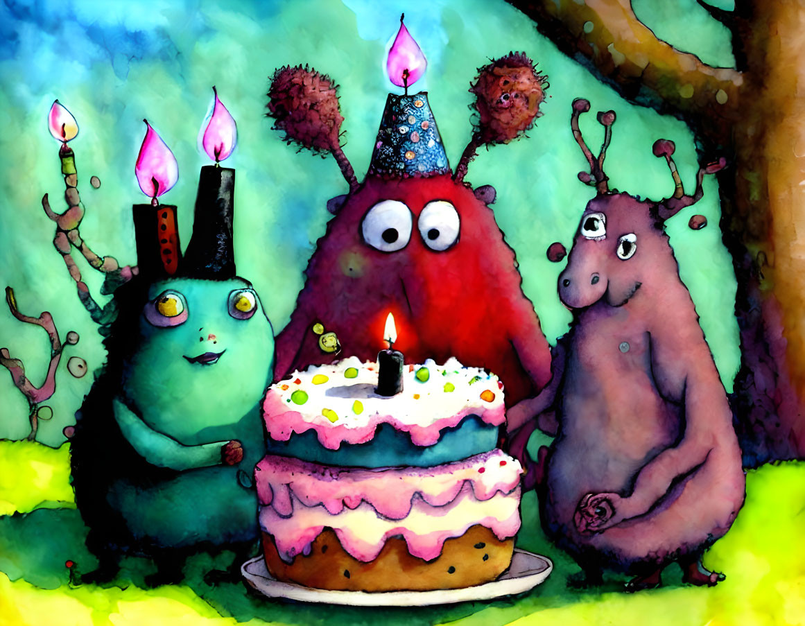 Three whimsical creatures with hats celebrating with candle-lit cake on colorful background