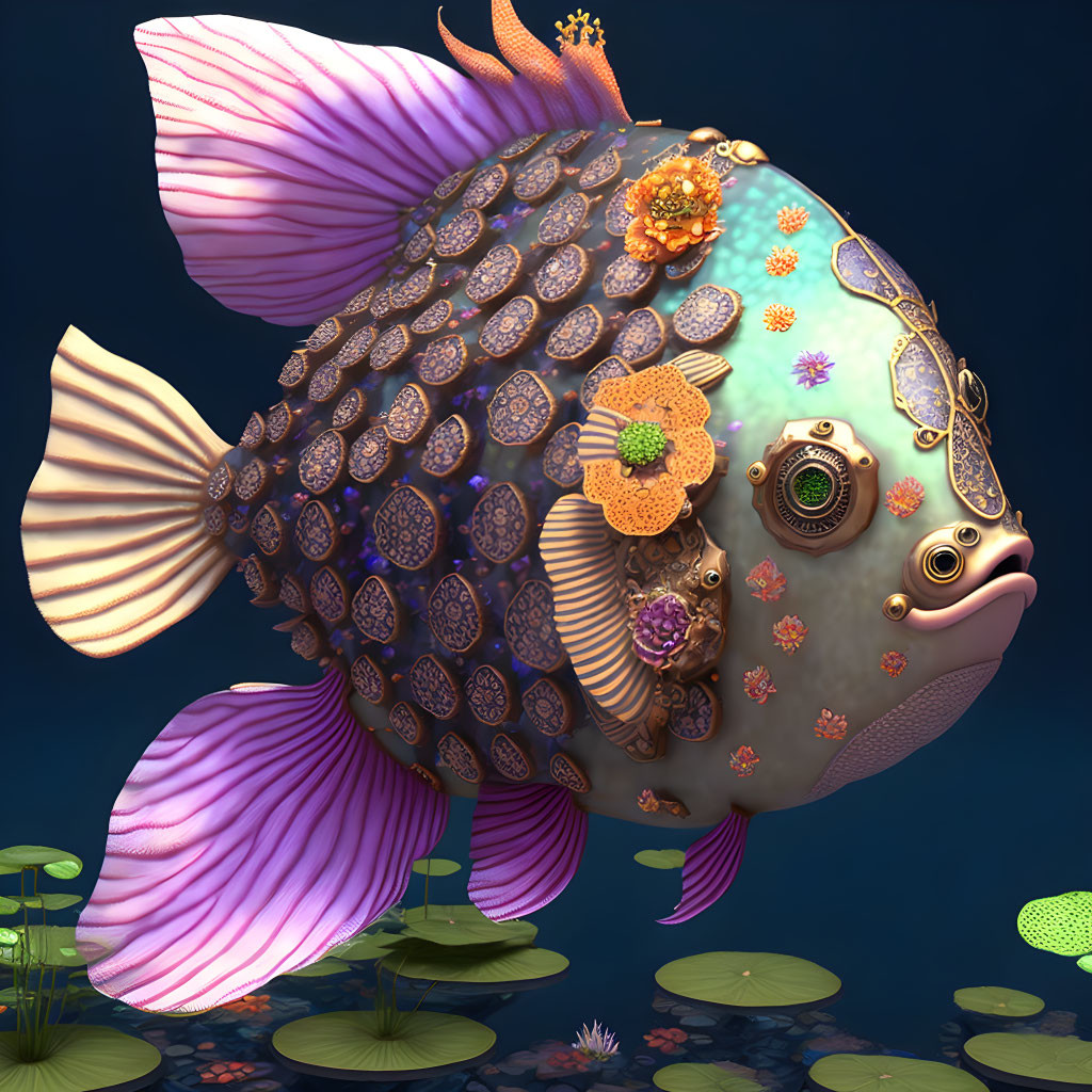 Detailed 3D fish illustration with ornate scales and floral patterns on dark blue background