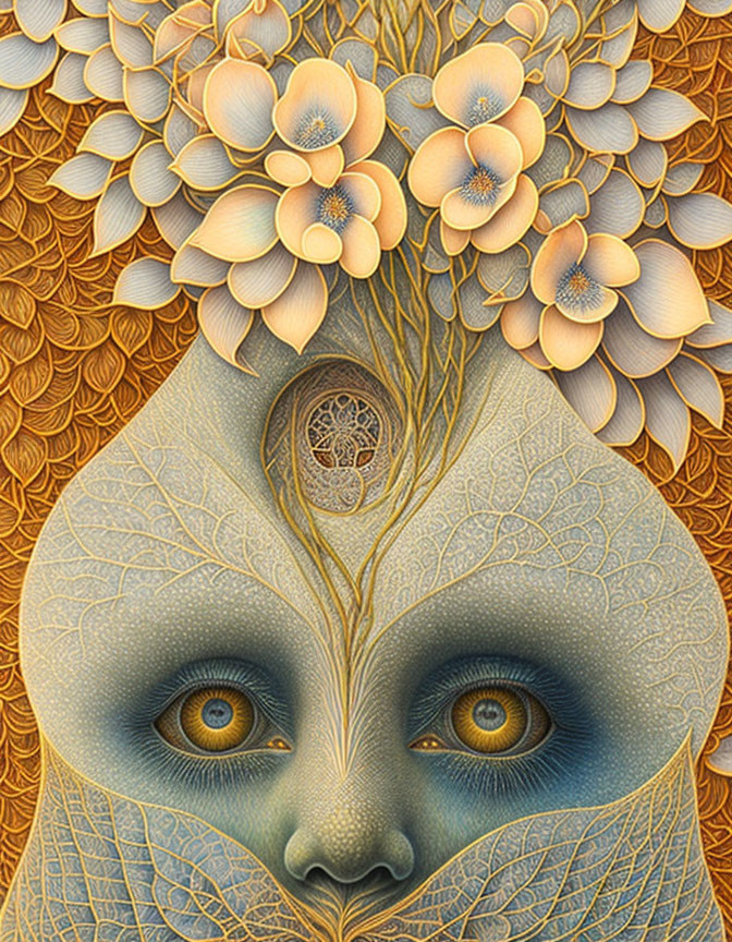 Surreal face with intricate patterns and floral crown in warm golden tones