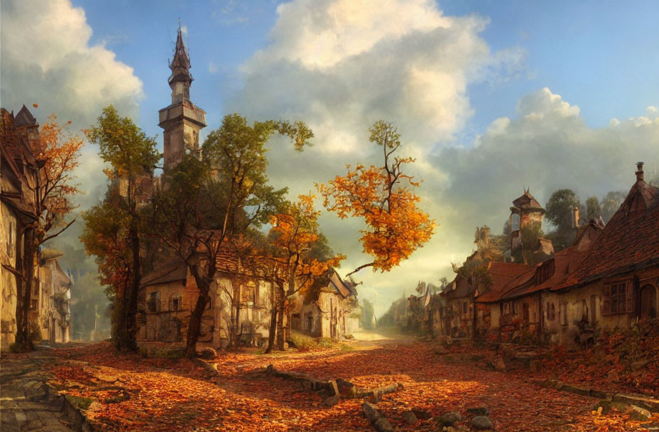 Scenic autumn village with cobblestone streets and quaint houses