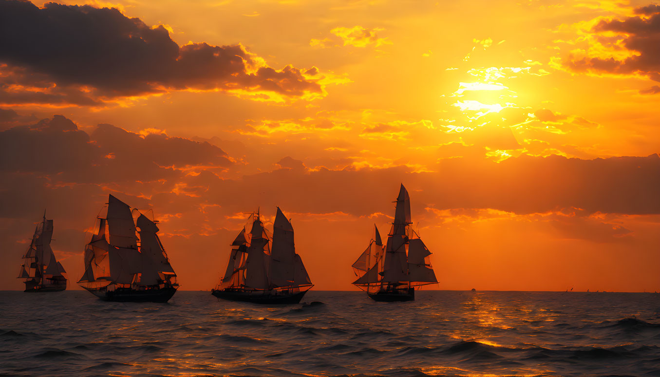 Ocean sunset with sailing ships and vibrant orange sky