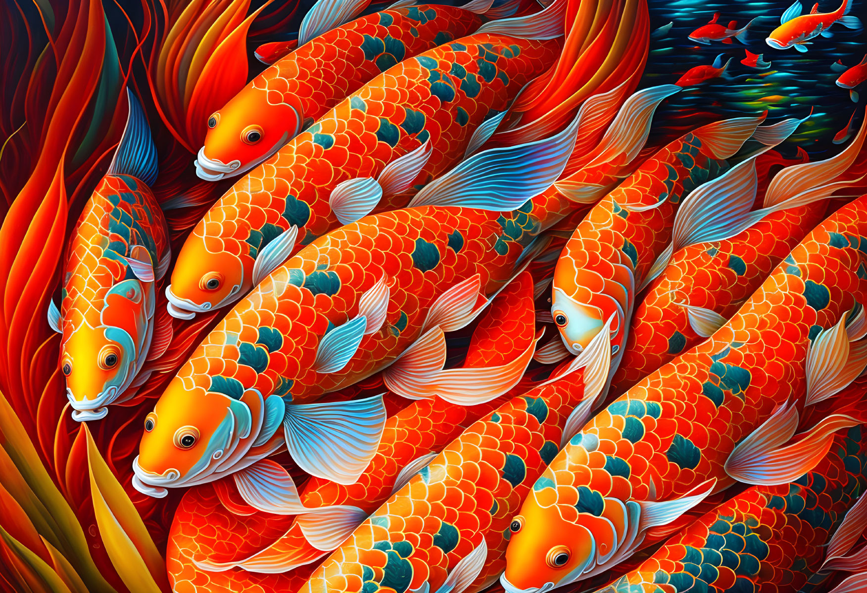 Colorful digital artwork featuring orange and white koi fish in an aquatic setting