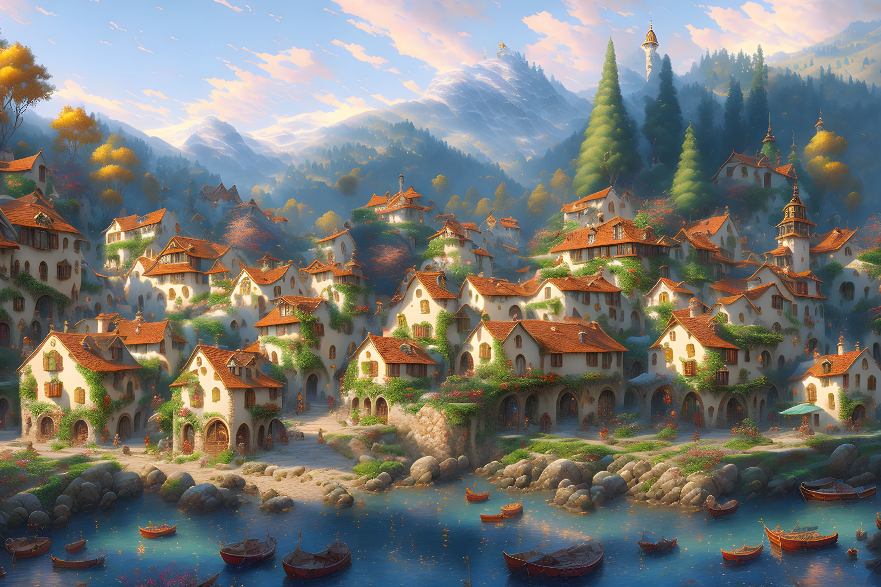 Scenic village with quaint houses, greenery, boats, mountains, and sky