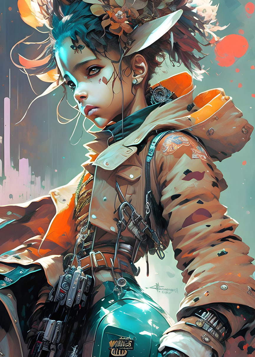 Futuristic female figure with aqua hair and cybernetic arm in camo jacket gazes