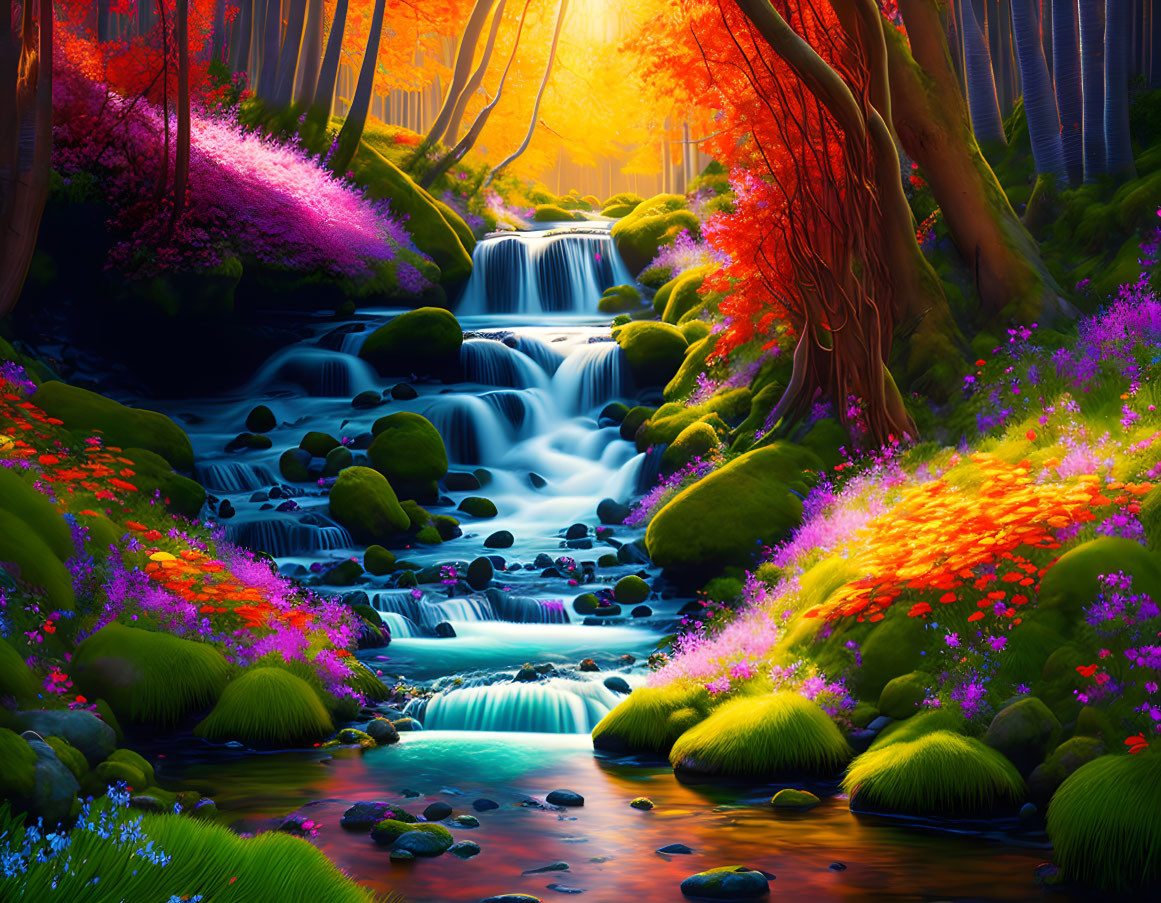 Colorful Forest with Waterfall and Flowering Trees in Golden Light