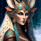 Fantasy portrait of woman with ornate horned headgear and golden jewelry