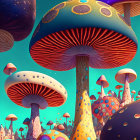 Vibrant oversized mushroom illustrations against teal sky