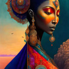 Vibrant painting of woman with golden skin and ornate jewelry