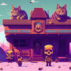 Giant Cats on Skull Bus with Cat Creatures in Pink and Blue Sky