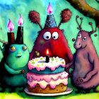 Three whimsical creatures with hats celebrating with candle-lit cake on colorful background