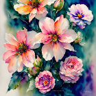 Colorful digital artwork featuring pink, purple, and white flowers with orange speckles.