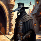 Medieval plague doctor in beaked mask and cloak near European buildings