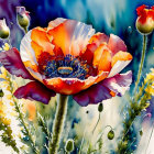 Colorful Poppy Flower Artwork with Water Droplets and Bokeh Background