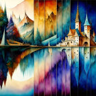 Fantasy landscape painting: castle, forests, mountains, autumn-winter blend